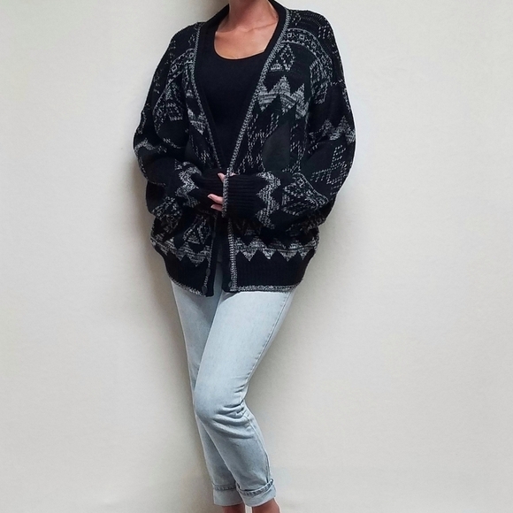 𝅺VINTAGE Chartwell Black Gray Knit Leather Trim V-neck Funky Pull-over Cardigan - Picture 2 of 13